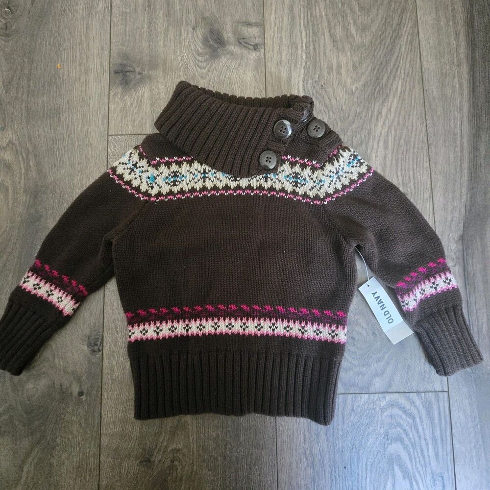 NWT Old Navy Toddler Girl Sweater 18-24 Months Brown Pink Fair Isle Cowl Neck